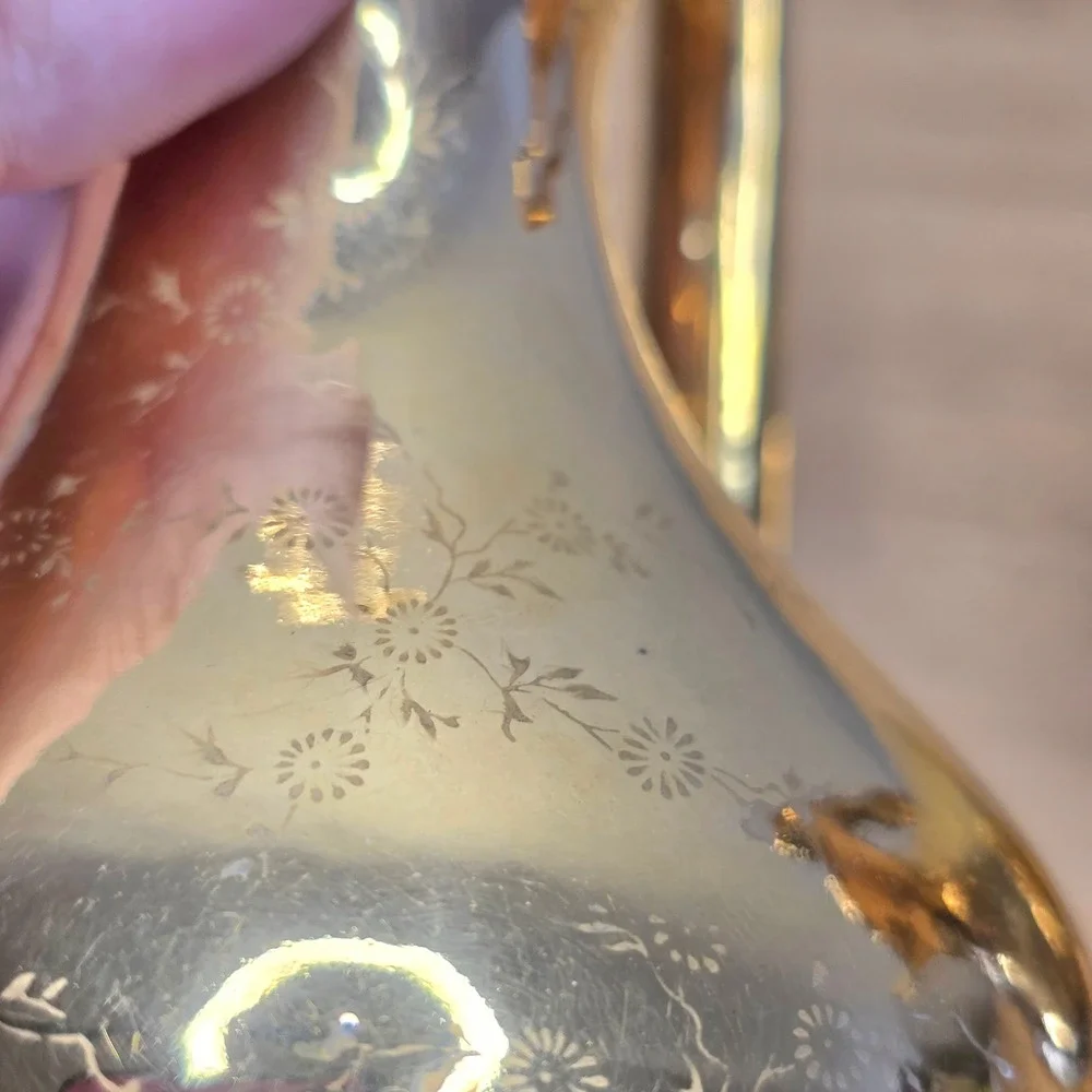 Vintage Gold Painted Ceramic Pitcher Set of Two Mid Century‎ Modern Embossed